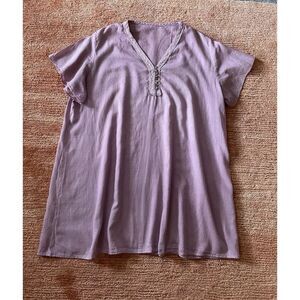 Women's light cotton tunic blouse  short sleeves pink V-neck Size L